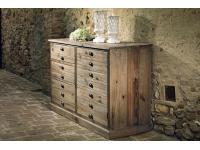 Foto mobile cassettiera in legno di pino vecchio con 3 cassetti e 1 anta con ripiani per arredi in legno vecchio