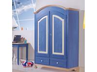 Foto armadio in legno massello di abete 2 ante 2 cassetti color blu e naturale cornice curva