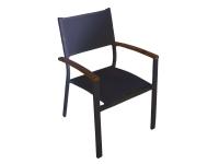 Foto sedia con seduta e schienale in textilene nero imbottito e braccioli in teak