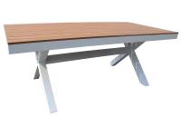 Foto tavolo con struttura in alluminio bianco con piano in resin wood color teak