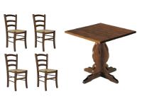 Foto set tavoli base centrale e piani legno + sedie rustiche seduta paglia