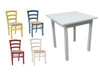 Foto set tavolo bianco + 4 sedie impagliate colorate miste per bar e ristorante